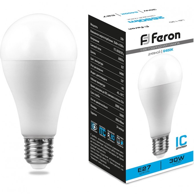 Лампа светодиодная FERON LB-130 Шар E27 30W 6400K 38196 Лампа светодиодная FERON LB-130 Шар E27 30W 6400K 38196