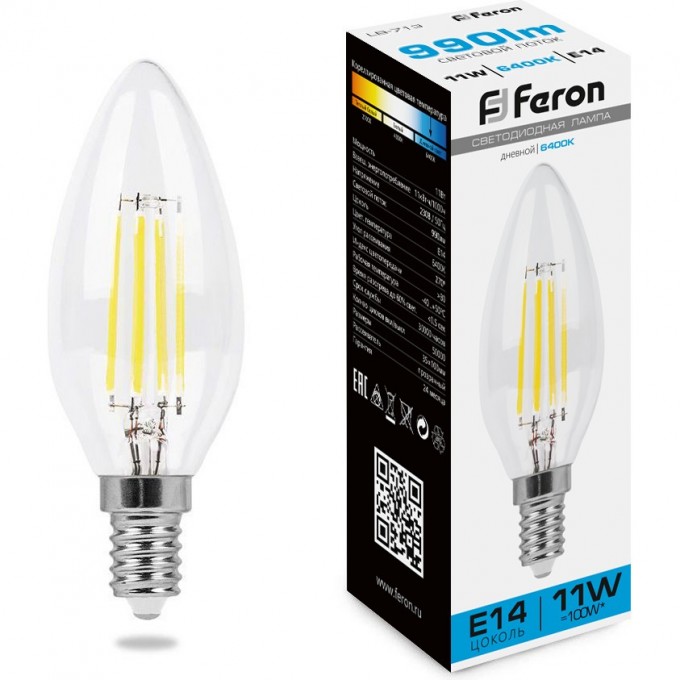 Лампа светодиодная FERON LB-713 E14 11W 6400K свеча 38231 Лампа светодиодная FERON LB-713 E14 11W 6400K свеча 38231