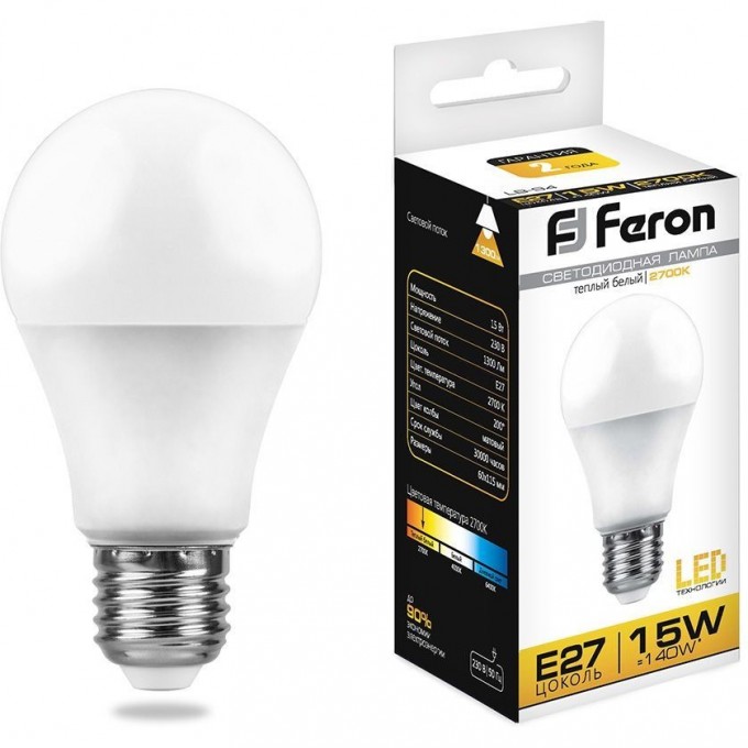 Лампа светодиодная FERON LB-94 Шар E27 15W 2700K 25628 Лампа светодиодная FERON LB-94 Шар E27 15W 2700K 25628