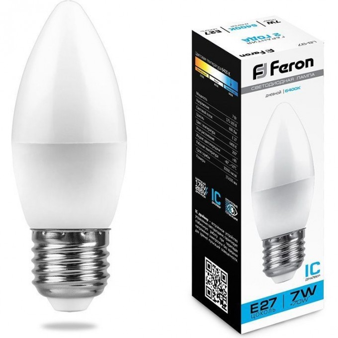 Лампа светодиодная FERON LB-97 Свеча E27 7W 6400K 25883 Лампа светодиодная FERON LB-97 Свеча E27 7W 6400K 25883