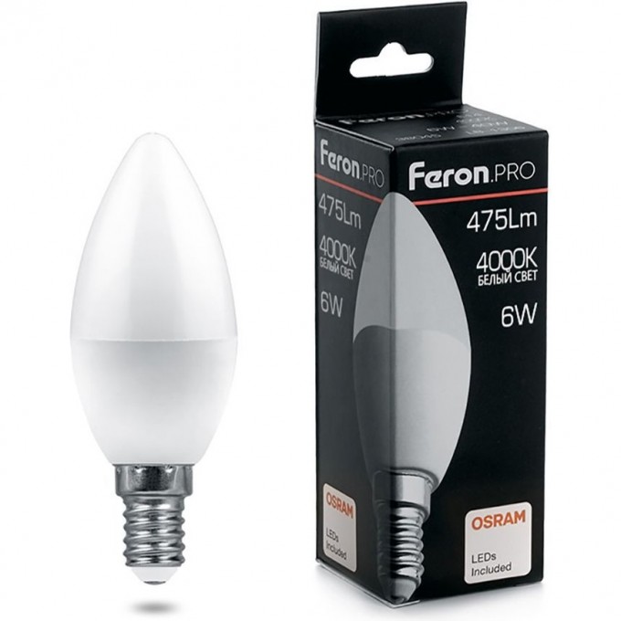 Лампа светодиодная FERON PRO LB-1306 Свеча E14 6W 4000K 38045 Лампа светодиодная FERON PRO LB-1306 Свеча E14 6W 4000K 38045