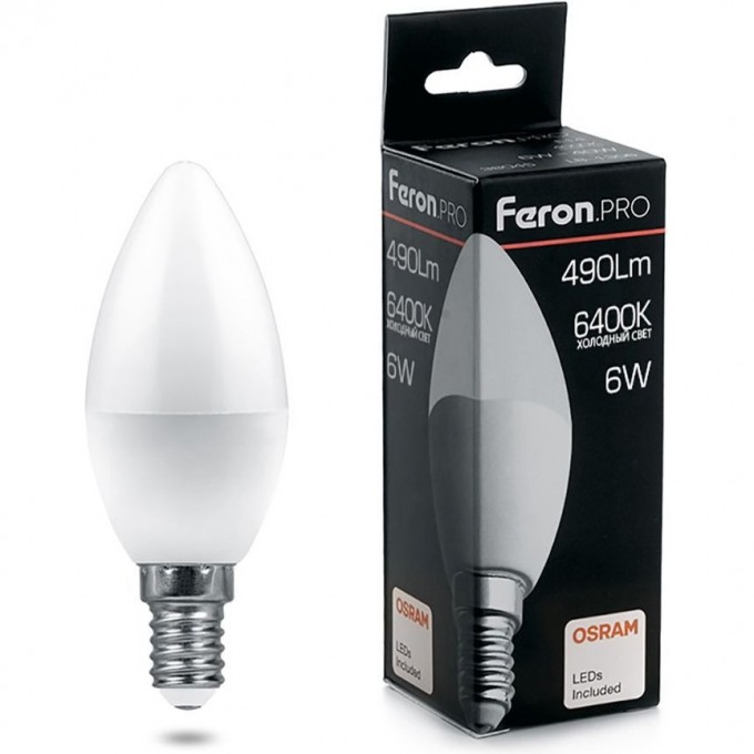 Лампа светодиодная FERON PRO LB-1306 Свеча E14 6W 6400K 38046 Лампа светодиодная FERON PRO LB-1306 Свеча E14 6W 6400K 38046