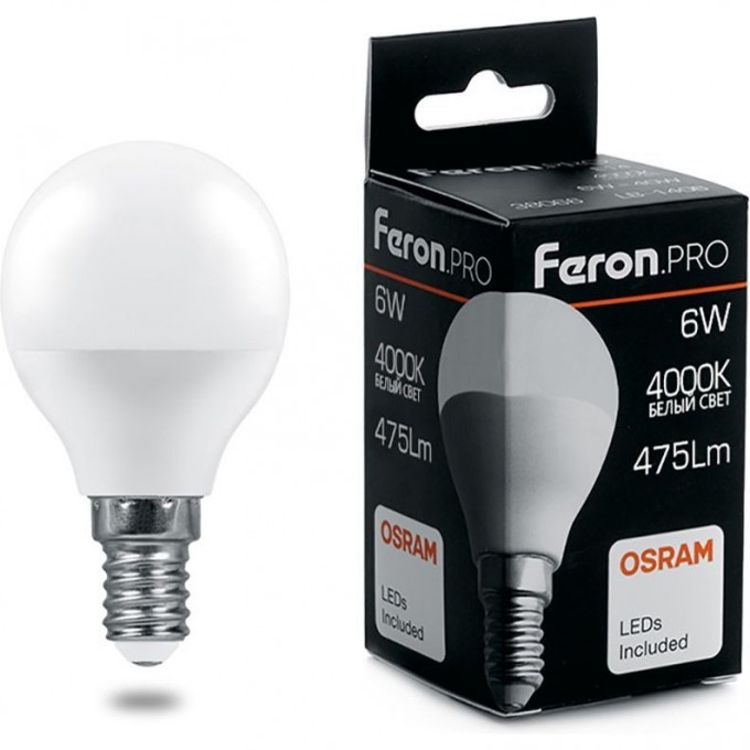 Лампа светодиодная FERON PRO LB-1406 Шарик E14 6W 4000K 38066 Лампа светодиодная FERON PRO LB-1406 Шарик E14 6W 4000K 38066