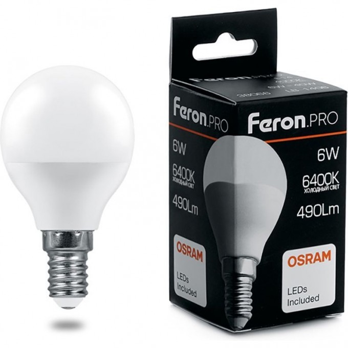 Лампа светодиодная FERON PRO LB-1406 Шарик E14 6W 6400K 38067 Лампа светодиодная FERON PRO LB-1406 Шарик E14 6W 6400K 38067