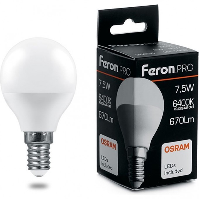 Лампа светодиодная FERON PRO LB-1407 Шарик E14 7.5W 6400K 38073 Лампа светодиодная FERON PRO LB-1407 Шарик E14 7.5W 6400K 38073