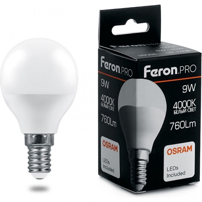 Лампа светодиодная FERON PRO LB-1409 Шарик E14 9W 4000K 38078 Лампа светодиодная FERON PRO LB-1409 Шарик E14 9W 4000K 38078