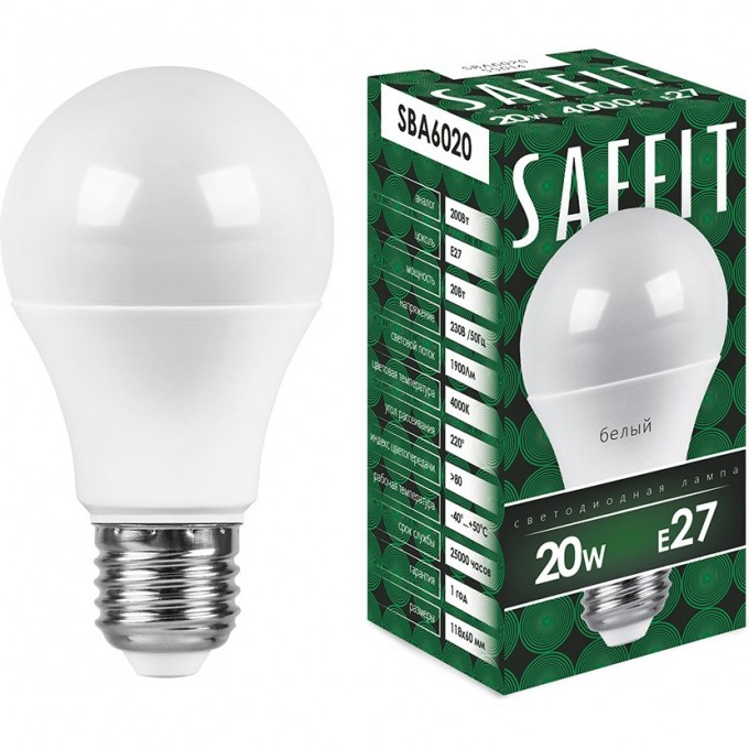 Лампа светодиодная FERON SAFFIT SBA6020 Шар E27 20W 4000K 55014 Лампа светодиодная FERON SAFFIT SBA6020 Шар E27 20W 4000K 55014